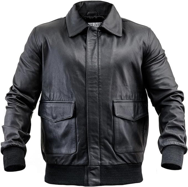Mens A-2 Flight Air Force Bomber Leather Jacket | Black Genuine Lambskin Leather Jackets for Men